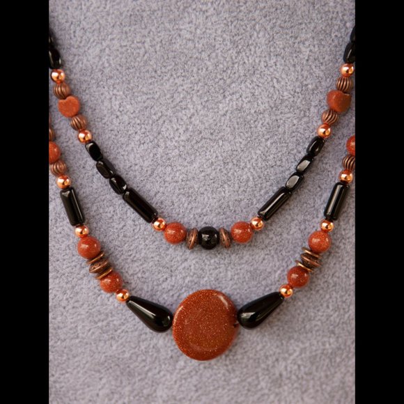 Hand Crafted Jewelry - NEW Handmade- Necklace of Goldstone, Copper Tone Metal and Black Glass Beads